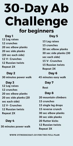 the 30 - day ab challenge for beginners is shown in black and white with blue background