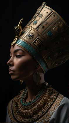 an egyptian woman wearing gold jewelry and a headdress with turquoise accents on her face