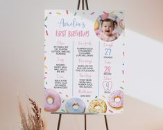 a baby's first birthday party sign with donuts and sprinkles