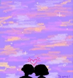 two people are facing each other in front of a purple background with hearts and stars