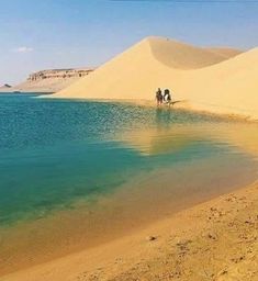 two people are riding horses in the sand dunes by the water on a sunny day