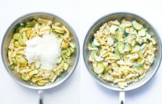 two pans filled with pasta and zucchini on top of a white table