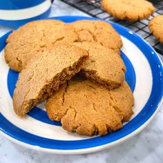 some cookies are on a blue and white plate