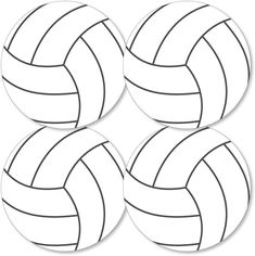 four white volleyball balls with black lines on the bottom and one ball in the middle