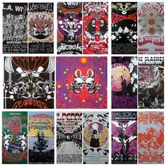 many posters are shown in different colors and sizes, including one with an image of a demon