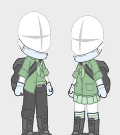 the back and side view of a cartoon character with backpacks on his shoulders, wearing green