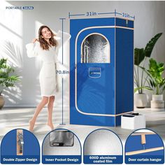 a woman standing in front of a blue portable shower