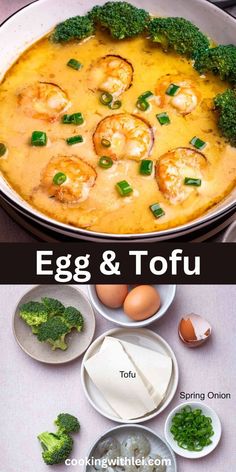 an egg and tofu dish with broccoli on the side, in a pan