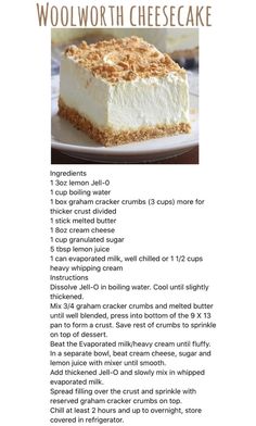 a piece of cheesecake on a white plate with words describing it's ingredients