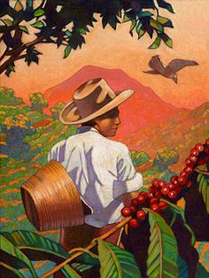 a painting of a woman picking berries from a tree