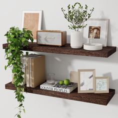 two wooden shelves with books, pictures and plants on them next to a potted plant