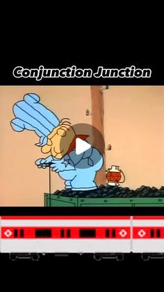 an animated image of a cartoon character in front of a television screen with the caption conjunction junction