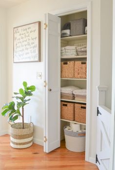 an open closet with baskets and laundry items in the corner, next to a potted plant