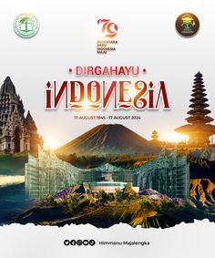 an advertisement for the upcoming festival in indonesia, with mountains and pagodas behind it