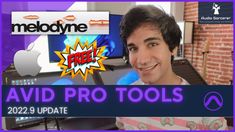 a man is smiling in front of a computer screen with the words avid pro tools on it