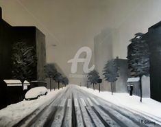 a painting of a snowy street with trees and buildings