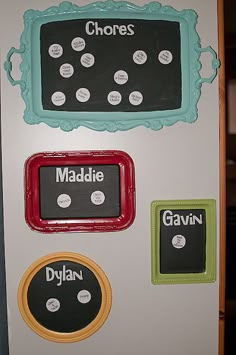 a refrigerator with magnets on the front and sides that say choices, maddie, gavin, chotes