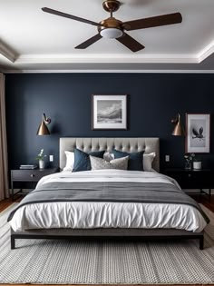 home deco ideas Grey White And Navy Bedroom, Aesthetic Mens Bedroom Ideas, Dark Blue Bedroom Ideas For Couples, Navy Wall Accent, Room Color Ideas Bedroom Men, Small Room Ideas For Men Bedrooms Guys, Bedroom Interior Layout, Dark Blue And Grey Bedroom, Blue And Grey Bedroom Decor