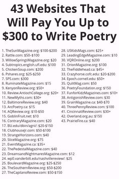 a poster with the words, 43 websites that will pay you up to $ 300 to write poetry