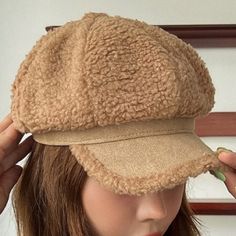 Fuzzy Baker Boy Hat * Light Brown/ Tan * Polyester * One-Size 22.8 Inch Crown Casual Beige Beret, Casual Brown Brimmed Beret, Trendy Beige Flat Cap, Beige Visor Hat For Fall, Trendy Brown Hat One Size, Trendy Brown Hats One Size, Trendy Brown One-size Hats, Beige Visor Hat For Winter, Beige Winter Visor Hat