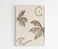 a painting with palm trees and the moon in the sky above it on a white wall