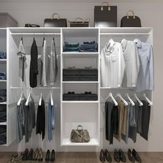 an organized closet with clothes and shoes