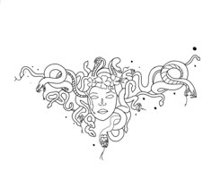 a black and white drawing of a woman with snakes around her head