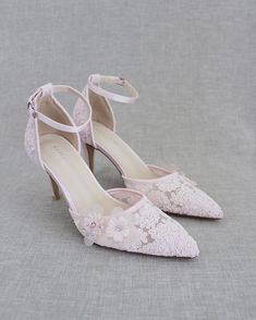 Spring Pink Wedding Shoes, Spring Wedding Lace Shoes, Spring Wedding Pink Shoes, Pink Low Heel Wedding Shoes, Spring Wedding Shoes In Lace, Lace Closed-toe Heels For Bridal Shower, Fitted Lace Wedding Shoes For Spring, Spring Wedding Shoes With Lace And Ankle Strap, Spring Wedding Shoes With Ankle Strap In Lace