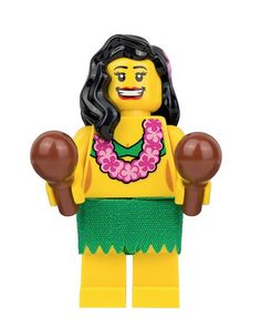 a lego figure is wearing a lei and holding two large brown balls in her hands