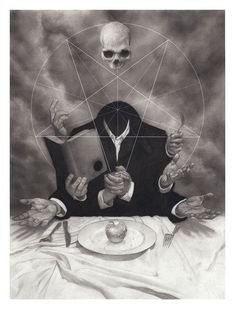 a black and white drawing of a skeleton reading a book while holding a knife and fork