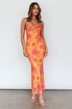 Shop the Teava Laced Waist Maxi Dress Floral Orange | Selfie Leslie Orange Wedding Guest Dress, Bright Bridesmaids, Light Orange Dress, Orange Flower Dress, Cowboy Chic, Friday Night Dinner, Maxi Dress Floral, Selfie Leslie, Yellow Bridesmaids