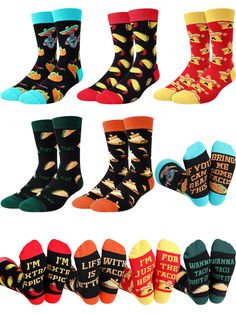 PRICES MAY VARY. Package Includes: our package come with 5 pairs novelty taco socks for men, assorted styles add colors can easily match with your various needs Taco Gift: these cute taco pattern print socks make for ideal gifts for Taco lovers; Whether it's a Taco Tuesday, National Taco Day, Father's Day, Cinco de Mayo, or fiesta, these taco socks serve as a meaningful and practical gift that a man would appreciate Reliable Material: our taco socks are made from a blend of cotton and polyester, Taco Day, Taco Gifts, Taco Party, Taco Lover, Print Socks, Socks For Men, Taco Tuesday, Day Party, Practical Gifts