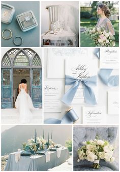 a collage of wedding photos with blue and white colors, including the bride's dress