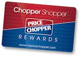 a red, white and blue shopping card with the words price chopper reward on it