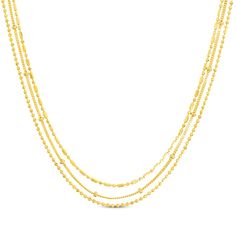 Complementary chain styles layer to create this exciting three-strand necklace. Crafted in solid 14K yellow gold Two bead chains and a chain with bead stations make up the sparkling look With 18-inch, 18.5-inch and 19-inch lengths, the adjustable necklace secures with a lobster clasp Gold Double Strand Beaded Chain Necklaces, Gold Double Strand Beaded Necklace For Gift, Gold Double Strand Chain Necklace With Beads, Gold Single Strand Beaded Necklace, Gold Double Strand Beaded Costume Necklace, Three Strand Necklace, Accessories Jewelry Necklace, Adjustable Necklace, Strand Necklace