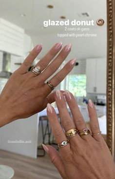 Hailey Bieber Nails Dnd, Glazed Nails Natural, Dip Hailey Bieber Nails, Dip Powder Nails No Tips, Wedding Nails Off White, Rounded Square Pink Nails, Nails For Working Hands, Bridesmaid Nails Neutral Acrylic, Simple Glossy Nails