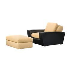 a black and beige chair with footstool next to it