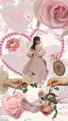 a collage of pink roses, hearts, and other decorative items in the shape of a heart