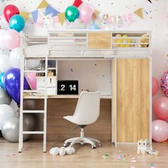 a loft bed with desk and chair underneath it in front of balloons on the wall