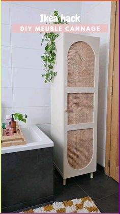 a white cabinet sitting next to a bath tub