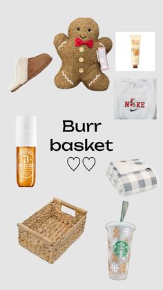 a bunch of items that are on top of a white background with the words burr basket