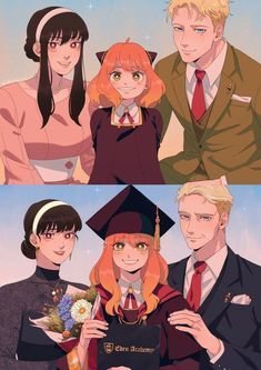 two pictures of people in graduation caps and gowns, one with an orange hair