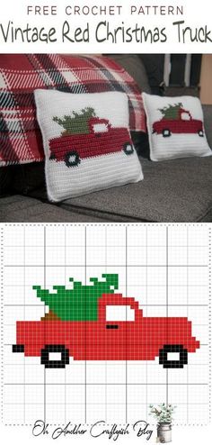 a red truck with a christmas tree on the back is featured in this free crochet pattern