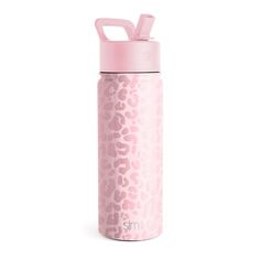 thermos bottle is pink and has a leopard print pattern on it, with an insulated lid