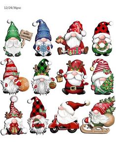 twelve christmas gnomes with different hats and decorations