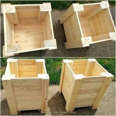 two pictures of wooden boxes sitting on the ground