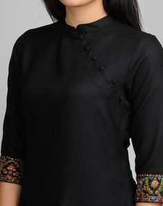 http://www.fabindia.com/wool-plain-kashmiri-embroidery-mini-kurta.html Salwar Kameez Neck Designs, Kurta Black, Embroidery Chinese, Trendy Kurti, Kashmiri Embroidery, Salwar Neck Designs, Embroidery Mini, New Kurti Designs, Kurta Patterns