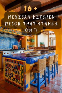 a kitchen with yellow walls and blue countertops is featured in this postcard for mexican kitchen decor that stands out