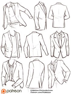 a set of men's suits and jackets in different styles, all drawn by hand