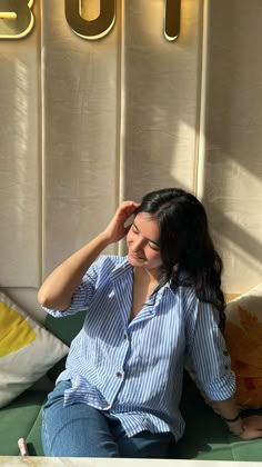 Blue Shirt With White Stripes Outfit, Best Self Portrait Poses, Blue And White Striped Shirt Outfit, Casual College Outfits, Casual Indian Fashion, Blue Striped Shirt, Desi Fashion Casual, Trendy Dress Outfits